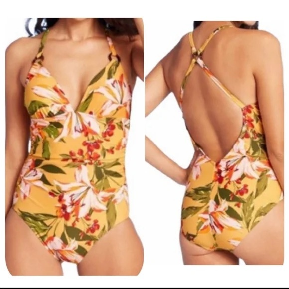 NWOT Kona Sol Ring High‎ Coverage One Piece Swimsuit Yellow Floral Med - Picture 1 of 5